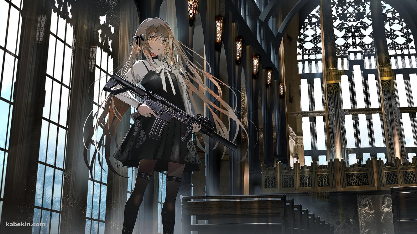 聖堂内で銃をかまえるブロンドの少女の壁紙(1600px x 900px) 高画質 PC・デスクトップ用