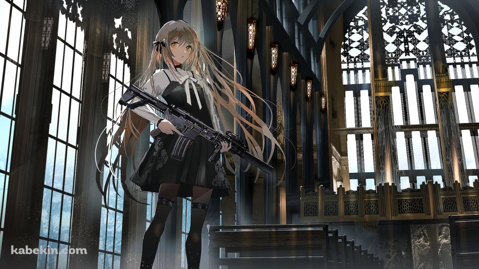 聖堂内で銃をかまえるブロンドの少女の壁紙(960px x 540px) 高画質 PC・デスクトップ用