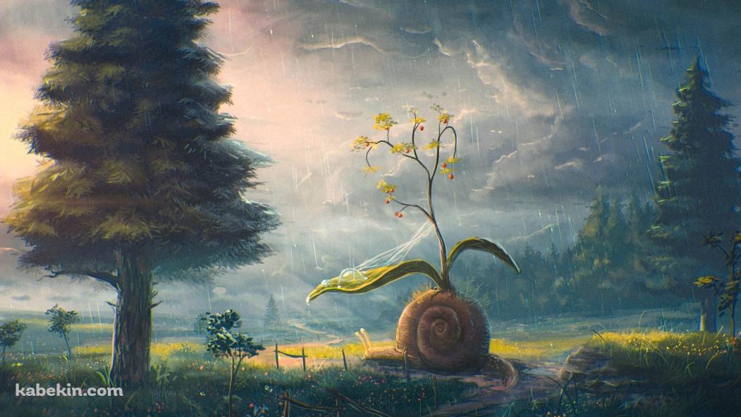 殻から草が生えているカタツムリ / 大木 / 雨 / 曇天模様の空 / 悪天候の壁紙(1051px x 591px) 高画質 PC・デスクトップ用