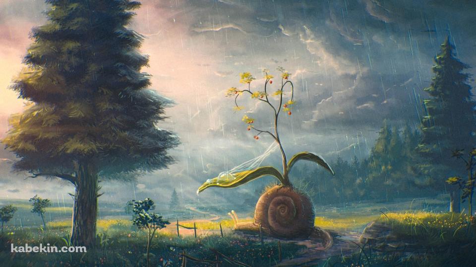 殻から草が生えているカタツムリ / 大木 / 雨 / 曇天模様の空 / 悪天候の壁紙(960px x 540px) 高画質 PC・デスクトップ用
