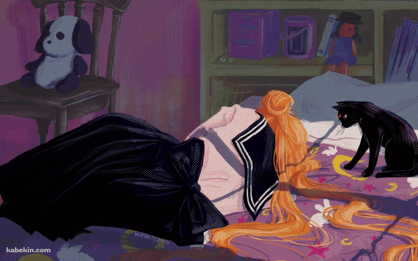 ベッドの上で寝る月野うさぎの後ろ姿 / 黒猫 / ルナ / 美少女戦士セーラームーンの壁紙(1440px x 900px) 高画質 PC・デスクトップ用