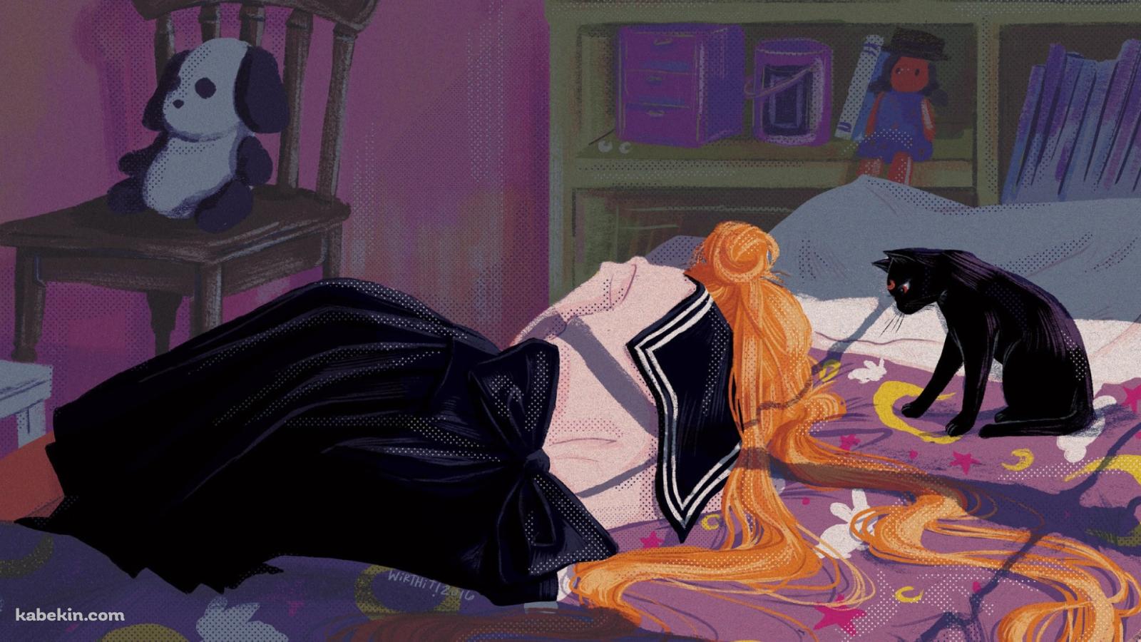 ベッドの上で寝る月野うさぎの後ろ姿 / 黒猫 / ルナ / 美少女戦士