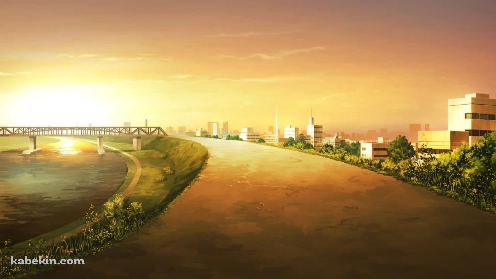夕暮れ時の綺麗な川沿いの道 / 土手 / 陸橋の壁紙(1024px x 576px) 高画質 PC・デスクトップ用
