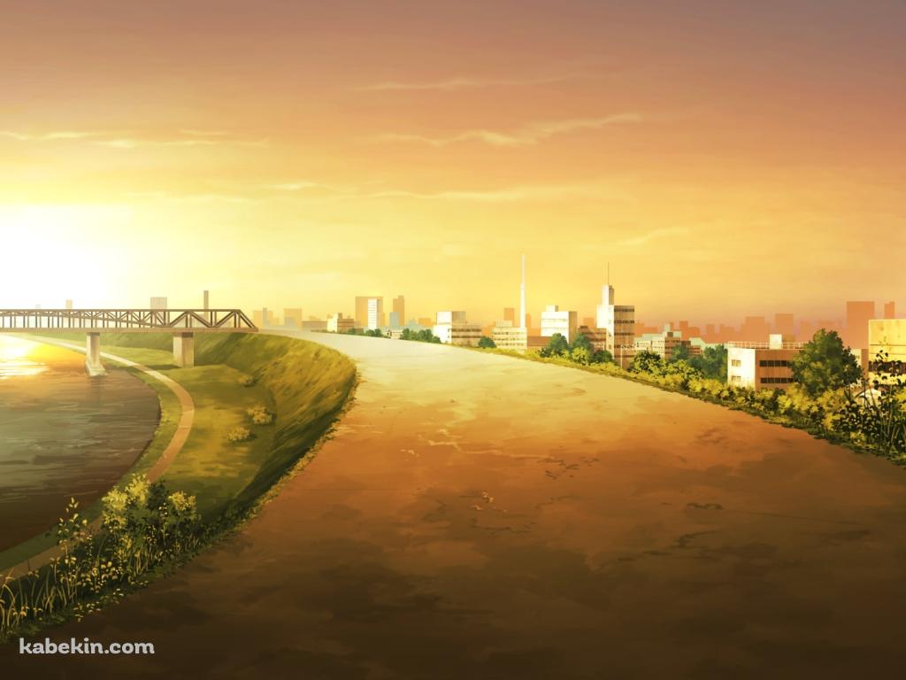 夕暮れ時の綺麗な川沿いの道 / 土手 / 陸橋の壁紙(1024px x 768px) 高画質 PC・デスクトップ用