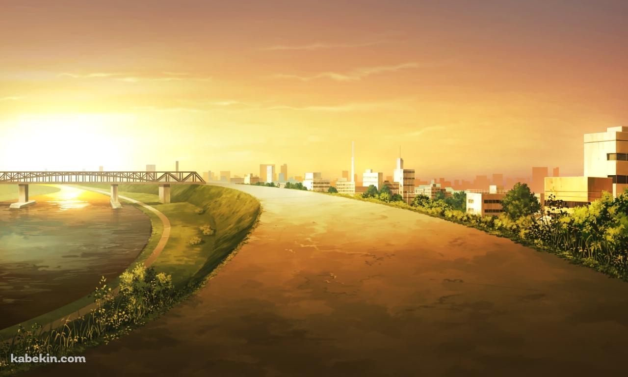 夕暮れ時の綺麗な川沿いの道 / 土手 / 陸橋の壁紙(1280px x 768px) 高画質 PC・デスクトップ用