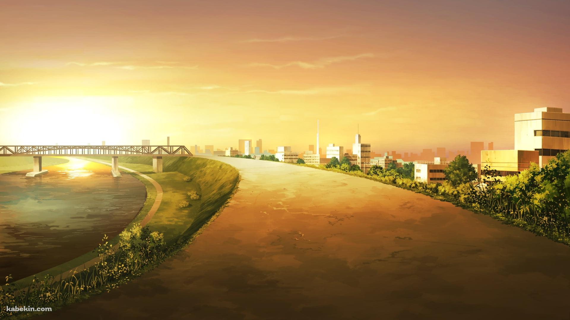 夕暮れ時の綺麗な川沿いの道 / 土手 / 陸橋の壁紙(1920px x 1080px) 高画質 PC・デスクトップ用