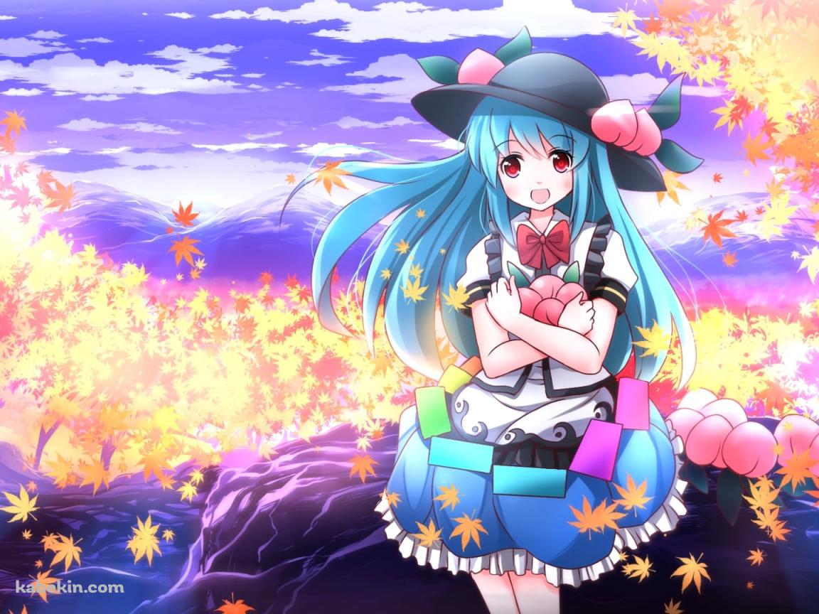 紅葉の葉が舞い散る中 桃を抱える比那名居天子(ひななゐ てんし) / 東方の壁紙(1152px x 864px) 高画質 PC・デスクトップ用