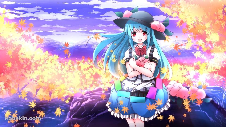 紅葉の葉が舞い散る中 桃を抱える比那名居天子(ひななゐ てんし) / 東方の壁紙(960px x 540px) 高画質 PC・デスクトップ用