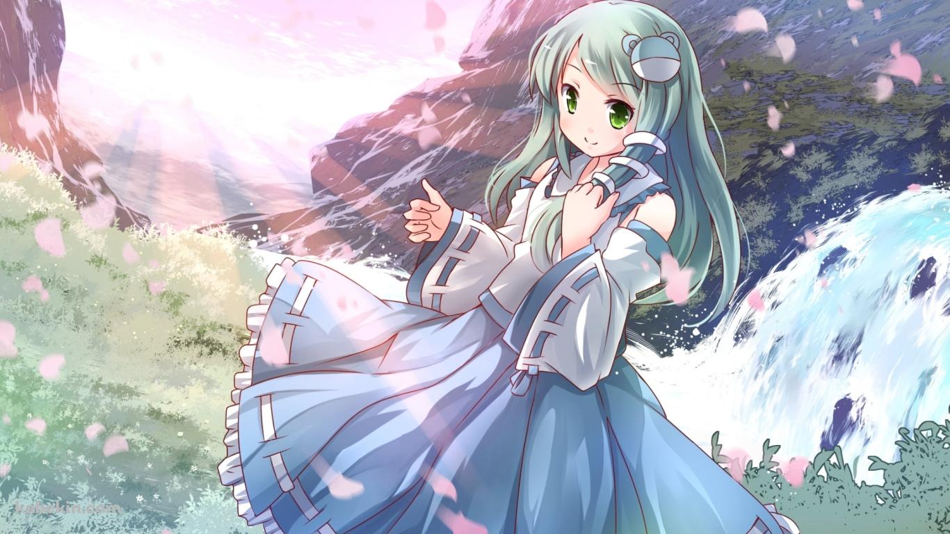 可愛い東風谷早苗(こちや さなえ) / 草原 / 舞う花びら / 滝 / 東方の壁紙(1366px x 768px) 高画質 PC・デスクトップ用