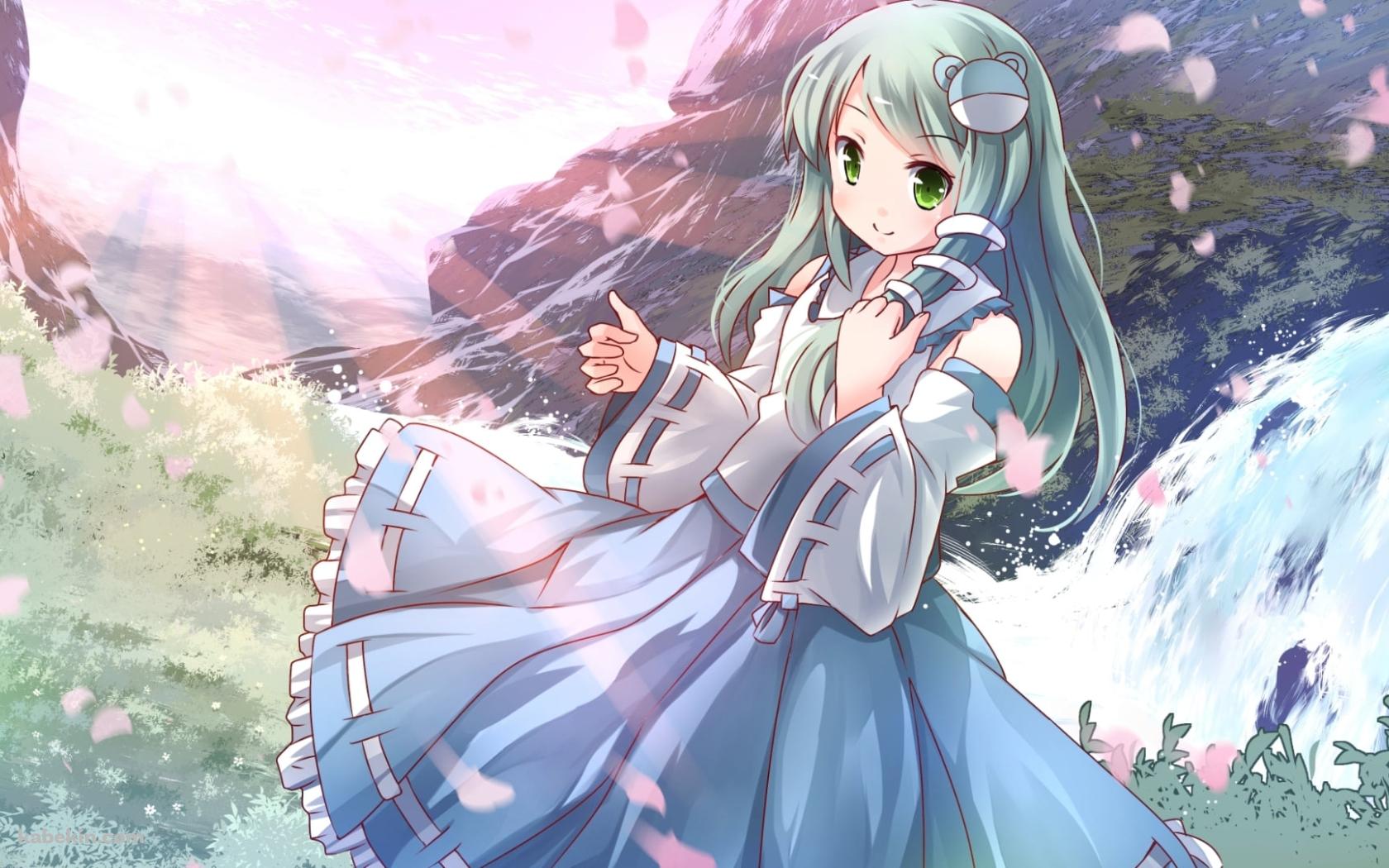 可愛い東風谷早苗(こちや さなえ) / 草原 / 舞う花びら / 滝 / 東方の壁紙(1680px x 1050px) 高画質 PC・デスクトップ用