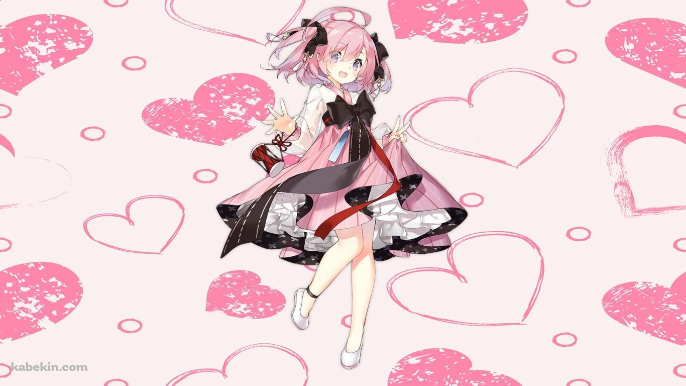 ピンクのハートと笑顔でピースをするサラトガ / アズールレーンの壁紙(1366px x 768px) 高画質 PC・デスクトップ用
