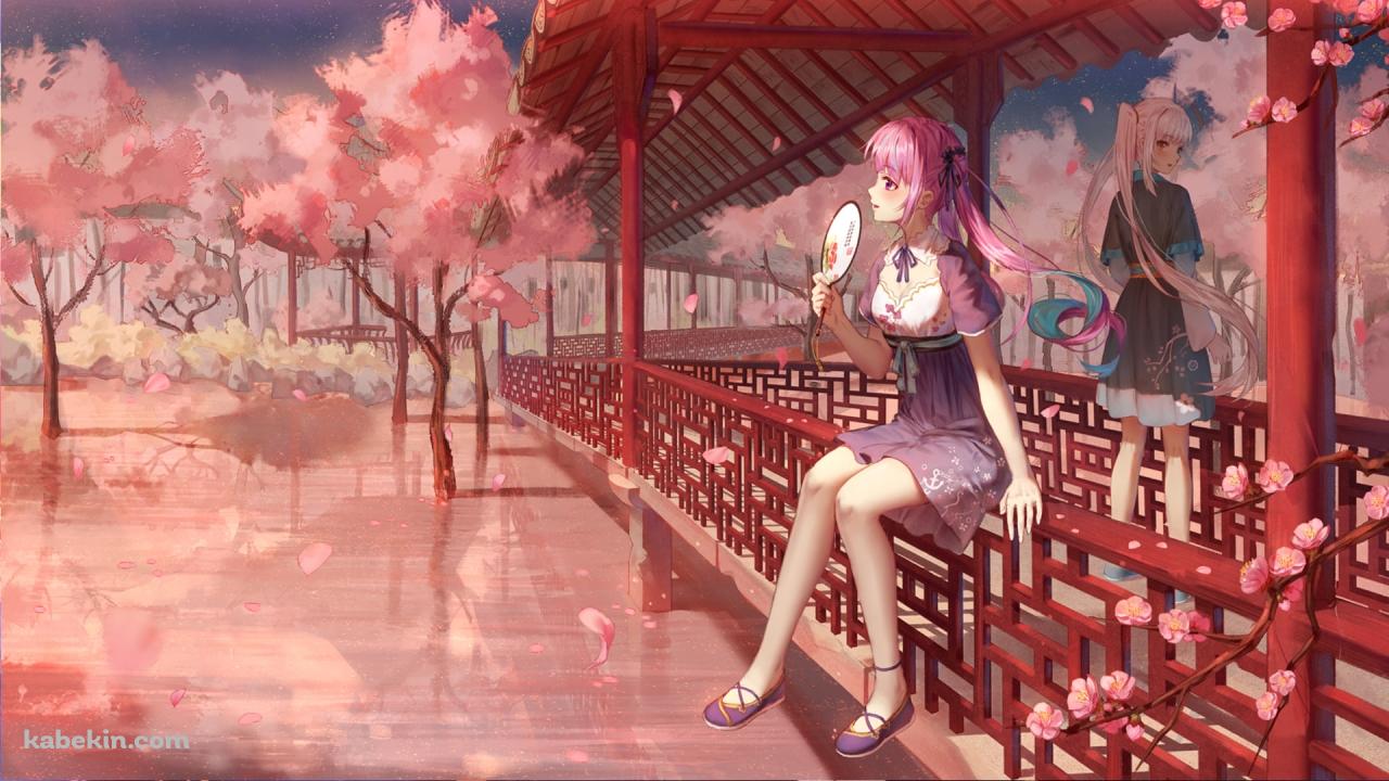 赤い橋でくつろぐ湊あくあと神楽めあ / ホロライブ / バーチャルYouTuber / Vtuberの壁紙(1280px x 720px) 高画質 PC・デスクトップ用