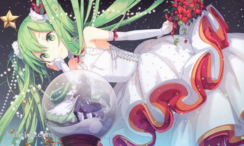 スノードームを見るウェディングドレスを着た可愛い初音ミク / 星空 / ボカロ / ボーカロイドの壁紙(800px x 480px) 高画質 PC・デスクトップ用