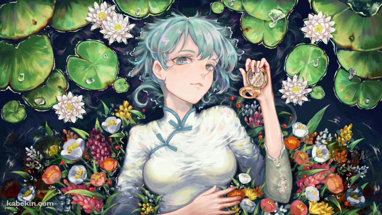 金色の懐中時計を持つ綺麗な初音ミク / 蓮 / カラフルな花 / ボカロ / ボーカロイドの壁紙(1242px x 698px) 高画質 PC・デスクトップ用