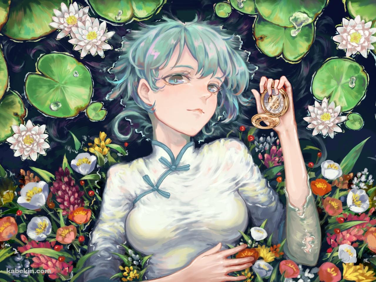 金色の懐中時計を持つ綺麗な初音ミク / 蓮 / カラフルな花 / ボカロ / ボーカロイドの壁紙(1280px x 960px) 高画質 PC・デスクトップ用