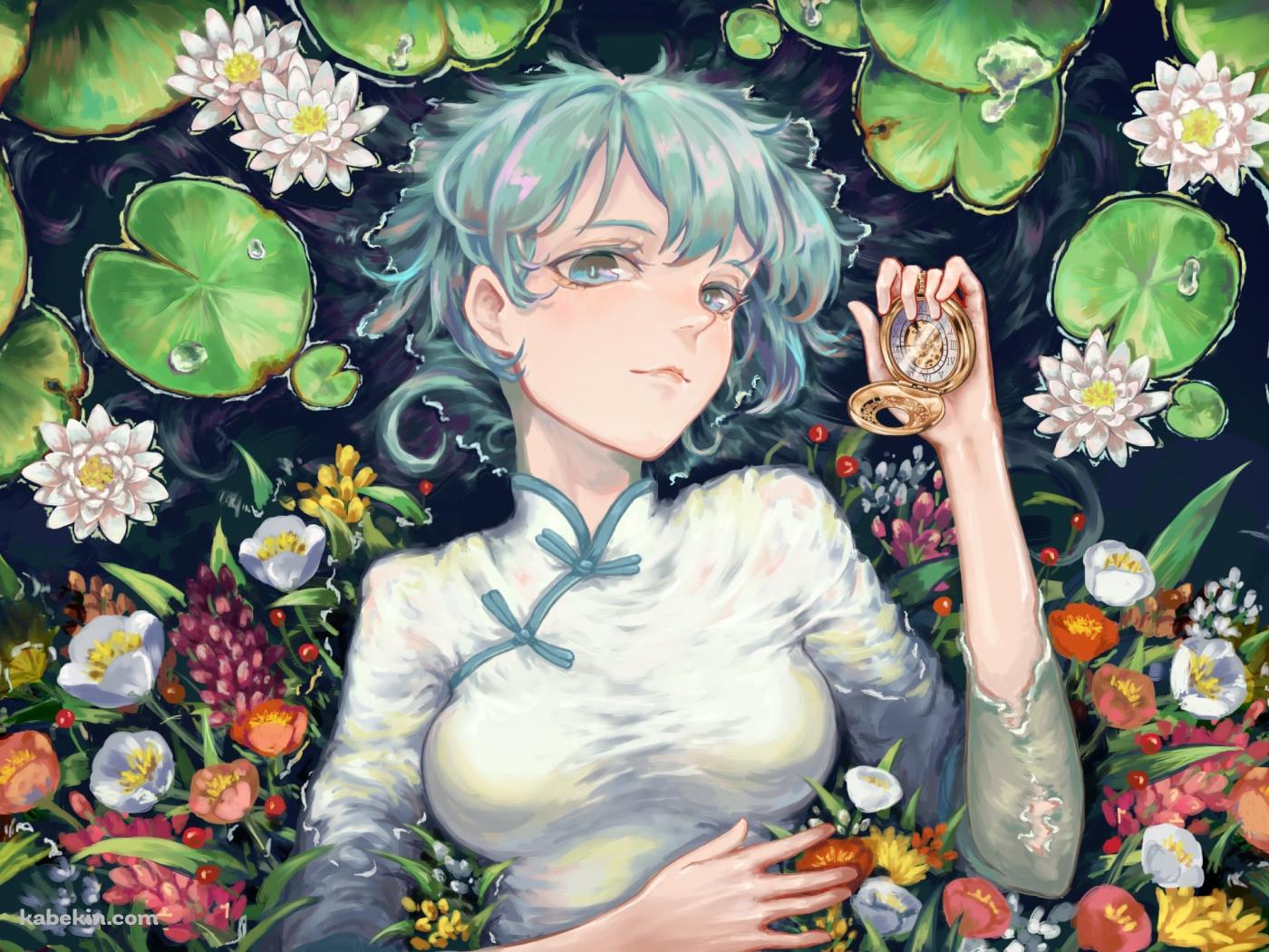 金色の懐中時計を持つ綺麗な初音ミク / 蓮 / カラフルな花 / ボカロ / ボーカロイドの壁紙(1400px x 1050px) 高画質 PC・デスクトップ用