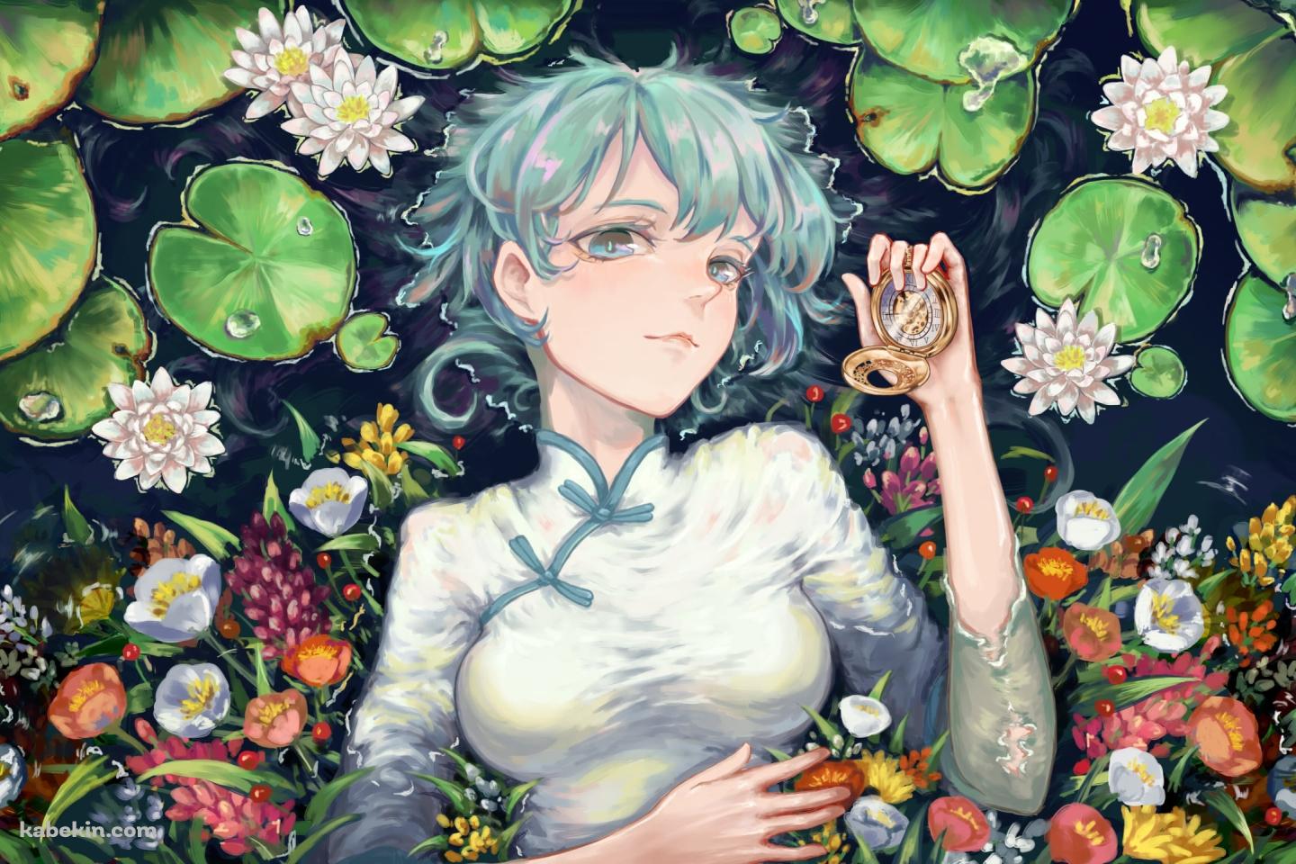 金色の懐中時計を持つ綺麗な初音ミク / 蓮 / カラフルな花 / ボカロ / ボーカロイドの壁紙(1440px x 960px) 高画質 PC・デスクトップ用