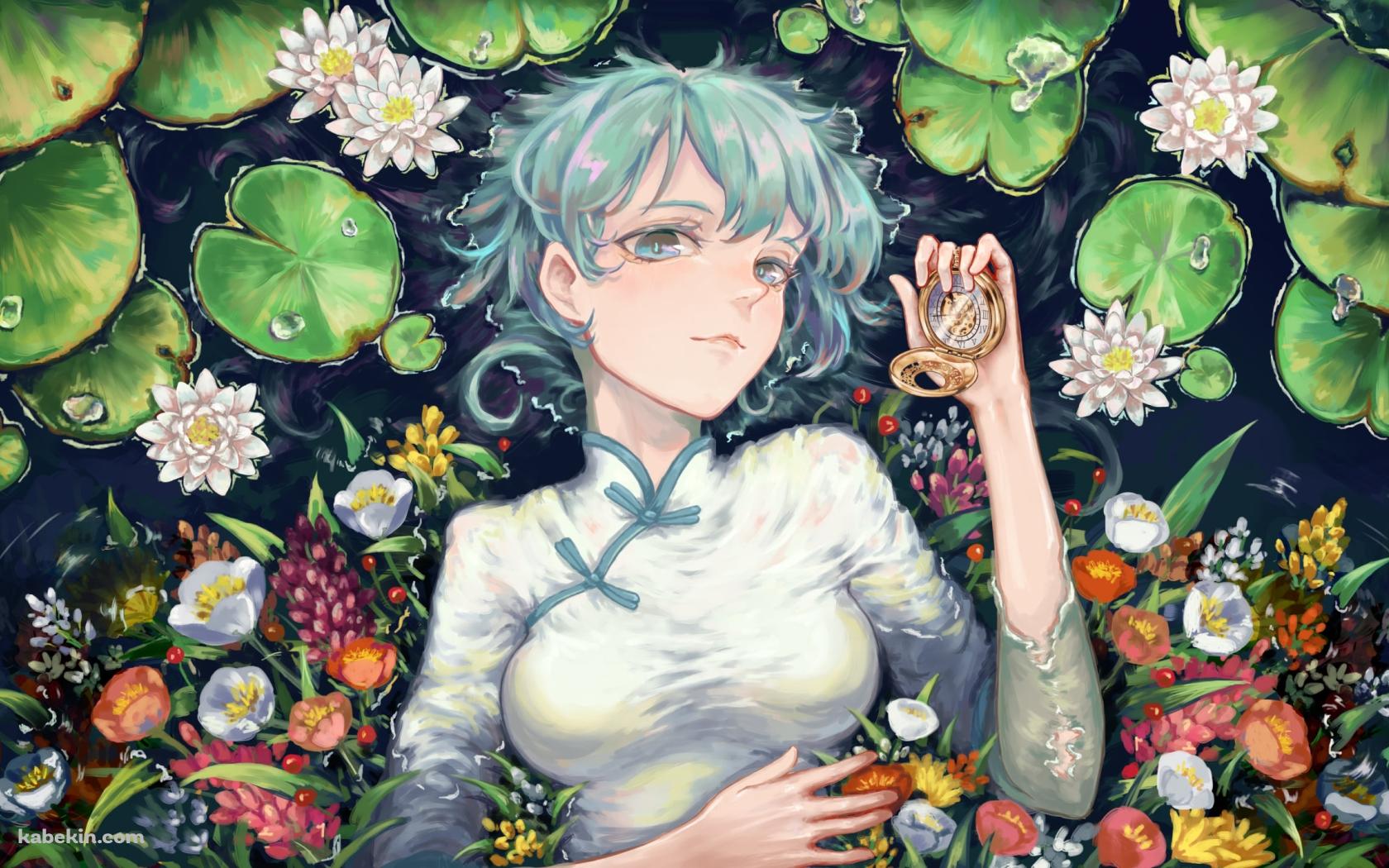 金色の懐中時計を持つ綺麗な初音ミク / 蓮 / カラフルな花 / ボカロ / ボーカロイドの壁紙(1680px x 1050px) 高画質 PC・デスクトップ用