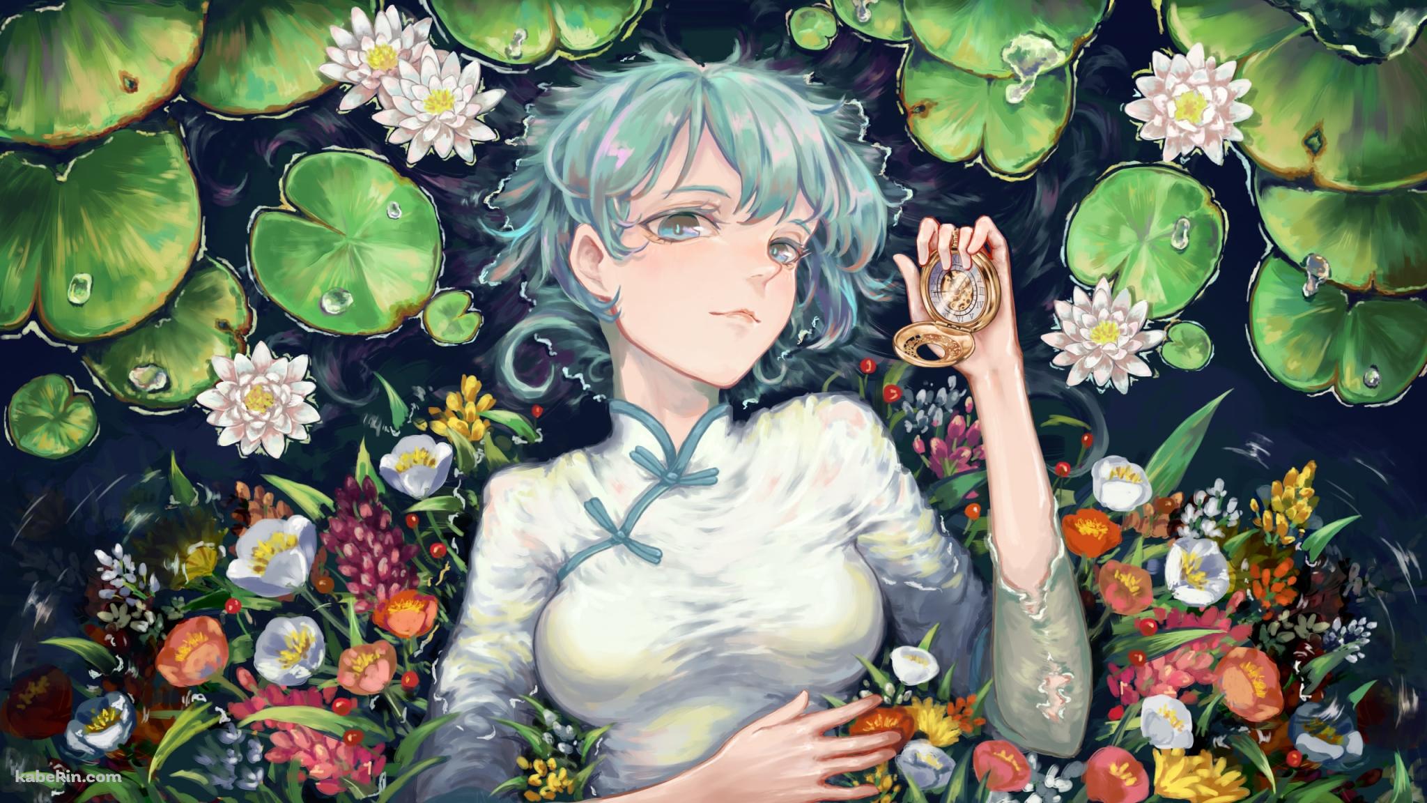 金色の懐中時計を持つ綺麗な初音ミク / 蓮 / カラフルな花 / ボカロ / ボーカロイドの壁紙(2048px x 1152px) 高画質 PC・デスクトップ用