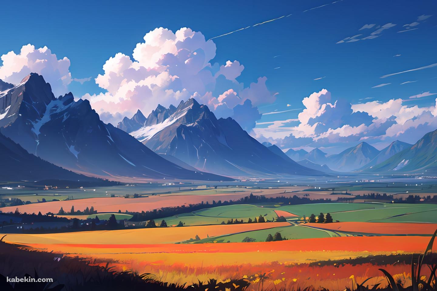 雪が残る山と広がる田園風景 / 白い雲 / 絶景の壁紙(1440px x 960px) 高画質 PC・デスクトップ用