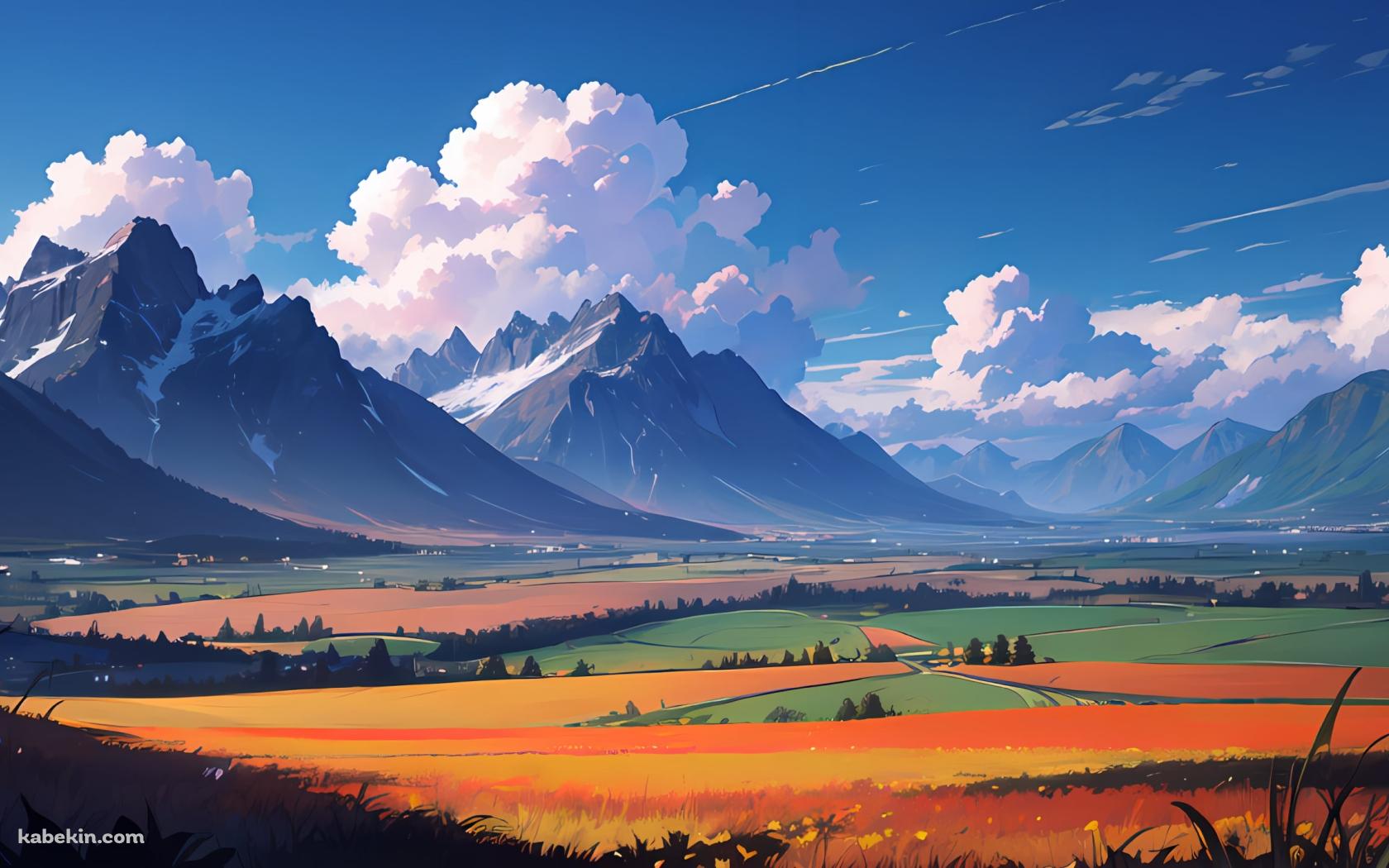雪が残る山と広がる田園風景 / 白い雲 / 絶景の壁紙(1680px x 1050px) 高画質 PC・デスクトップ用