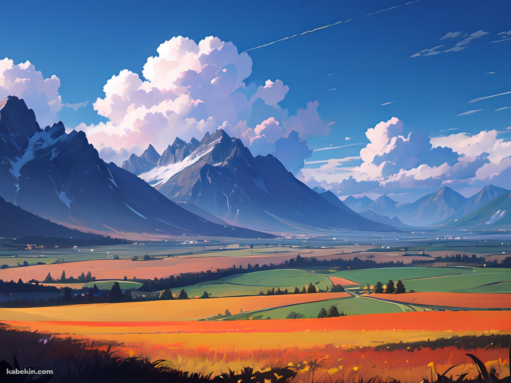 雪が残る山と広がる田園風景 / 白い雲 / 絶景の壁紙(1680px x 1260px) 高画質 PC・デスクトップ用