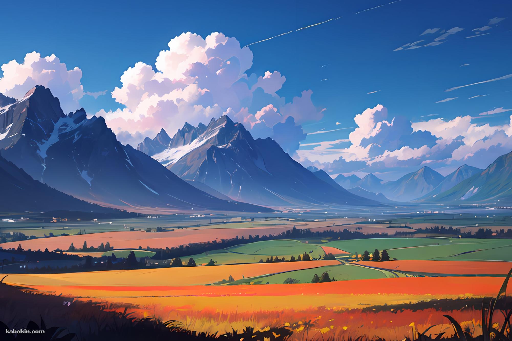 雪が残る山と広がる田園風景 / 白い雲 / 絶景の壁紙(2000px x 1333px) 高画質 PC・デスクトップ用