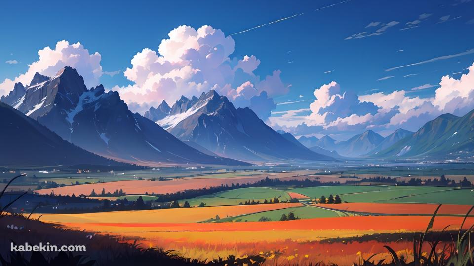 雪が残る山と広がる田園風景 / 白い雲 / 絶景の壁紙(960px x 540px) 高画質 PC・デスクトップ用