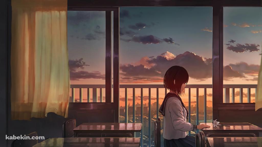 夕暮れの学校で一人椅子に座る女子高生 / 白い花が置いてある机の壁紙(1024px x 576px) 高画質 PC・デスクトップ用