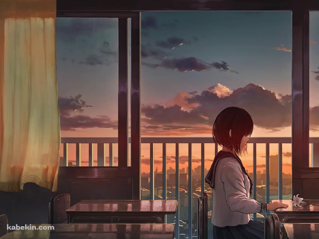 夕暮れの学校で一人椅子に座る女子高生 / 白い花が置いてある机の壁紙(1024px x 768px) 高画質 PC・デスクトップ用