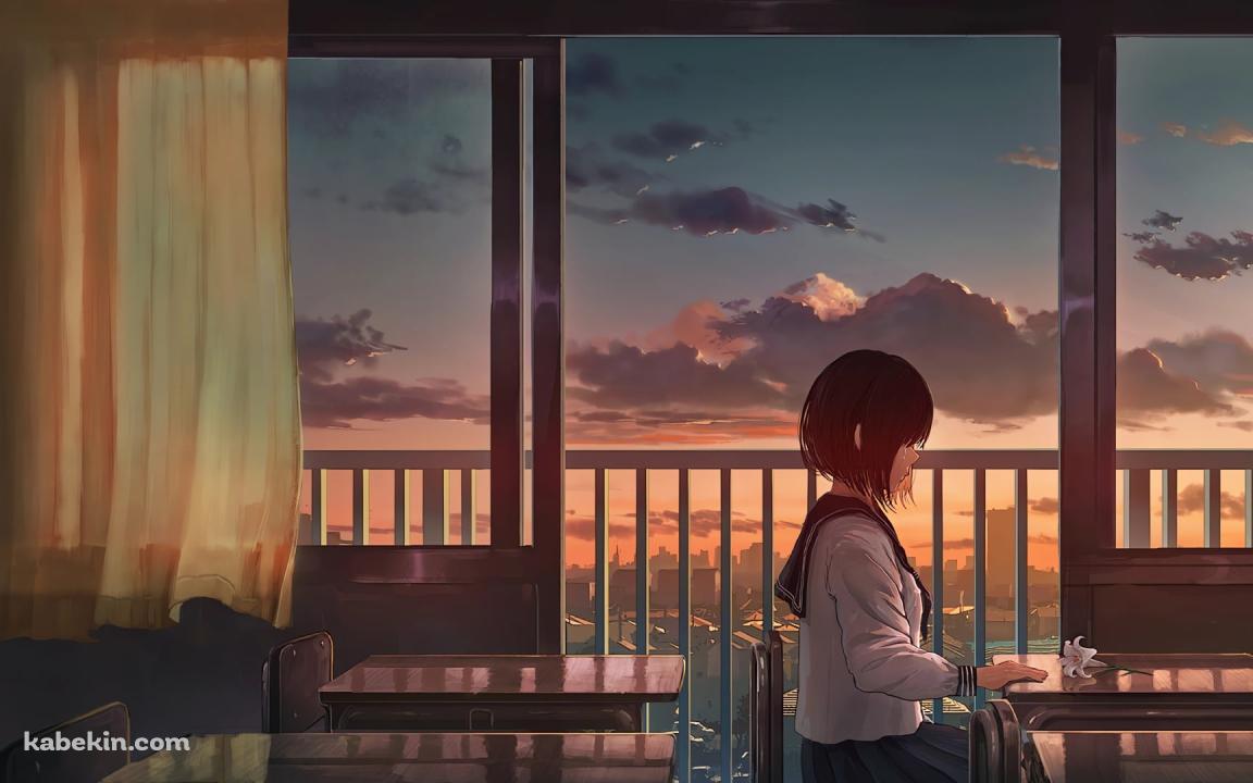 夕暮れの学校で一人椅子に座る女子高生 / 白い花が置いてある机の壁紙(1152px x 720px) 高画質 PC・デスクトップ用