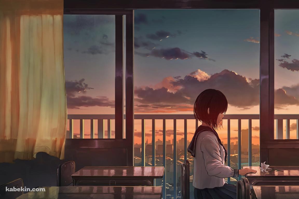 夕暮れの学校で一人椅子に座る女子高生 / 白い花が置いてある机の壁紙(1152px x 768px) 高画質 PC・デスクトップ用