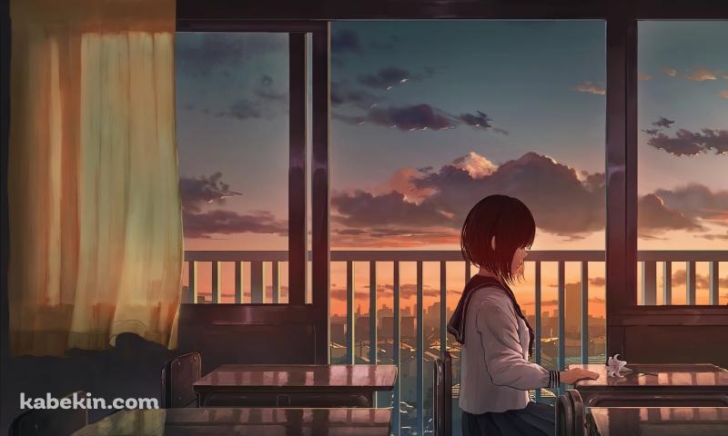 夕暮れの学校で一人椅子に座る女子高生 / 白い花が置いてある机の壁紙(800px x 480px) 高画質 PC・デスクトップ用