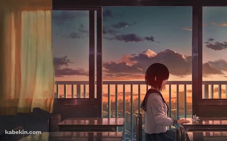 夕暮れの学校で一人椅子に座る女子高生 / 白い花が置いてある机の壁紙(960px x 600px) 高画質 PC・デスクトップ用