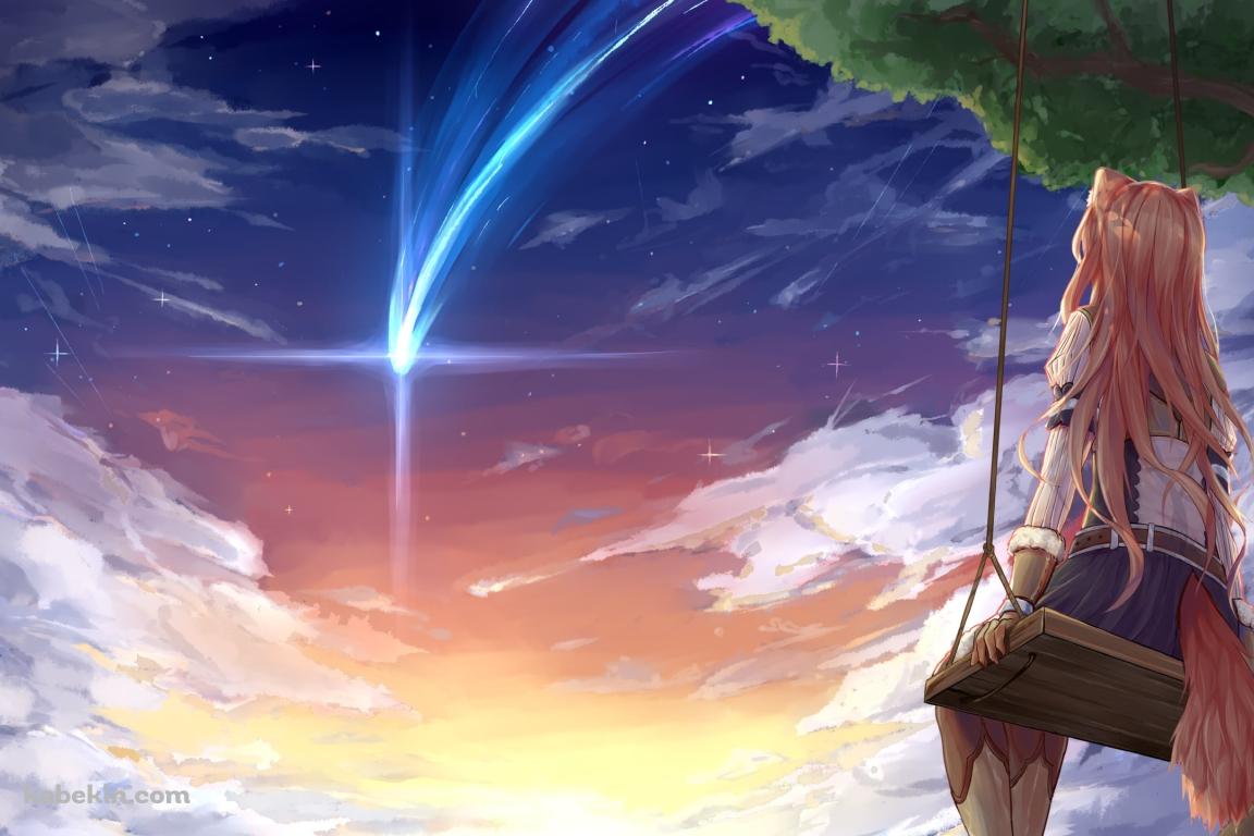 木のブランコに乗り流れ星を見るラフタリアの後ろ姿 / 盾の勇者の成り上がりの壁紙(1152px x 768px) 高画質 PC・デスクトップ用