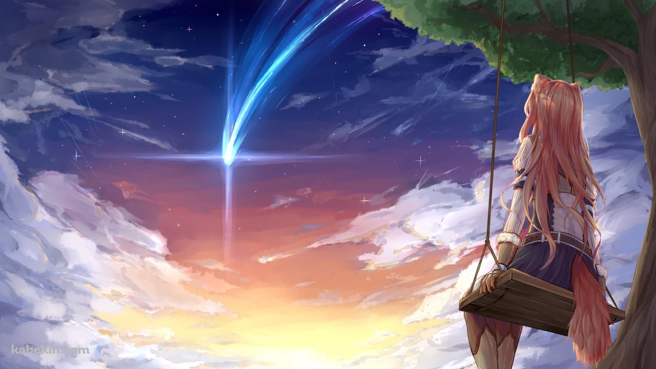 木のブランコに乗り流れ星を見るラフタリアの後ろ姿 / 盾の勇者の成り上がりの壁紙(1280px x 720px) 高画質 PC・デスクトップ用