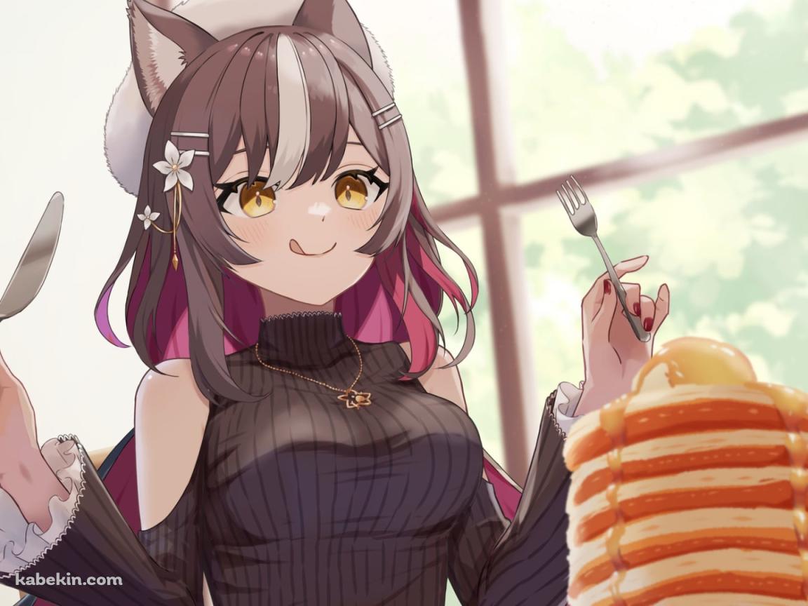 パンケーキを前に舌を出してフォークとナイフを持つ可愛い千坂アイリ / バーチャルYouTuberの壁紙(1152px x 864px) 高画質 PC・デスクトップ用