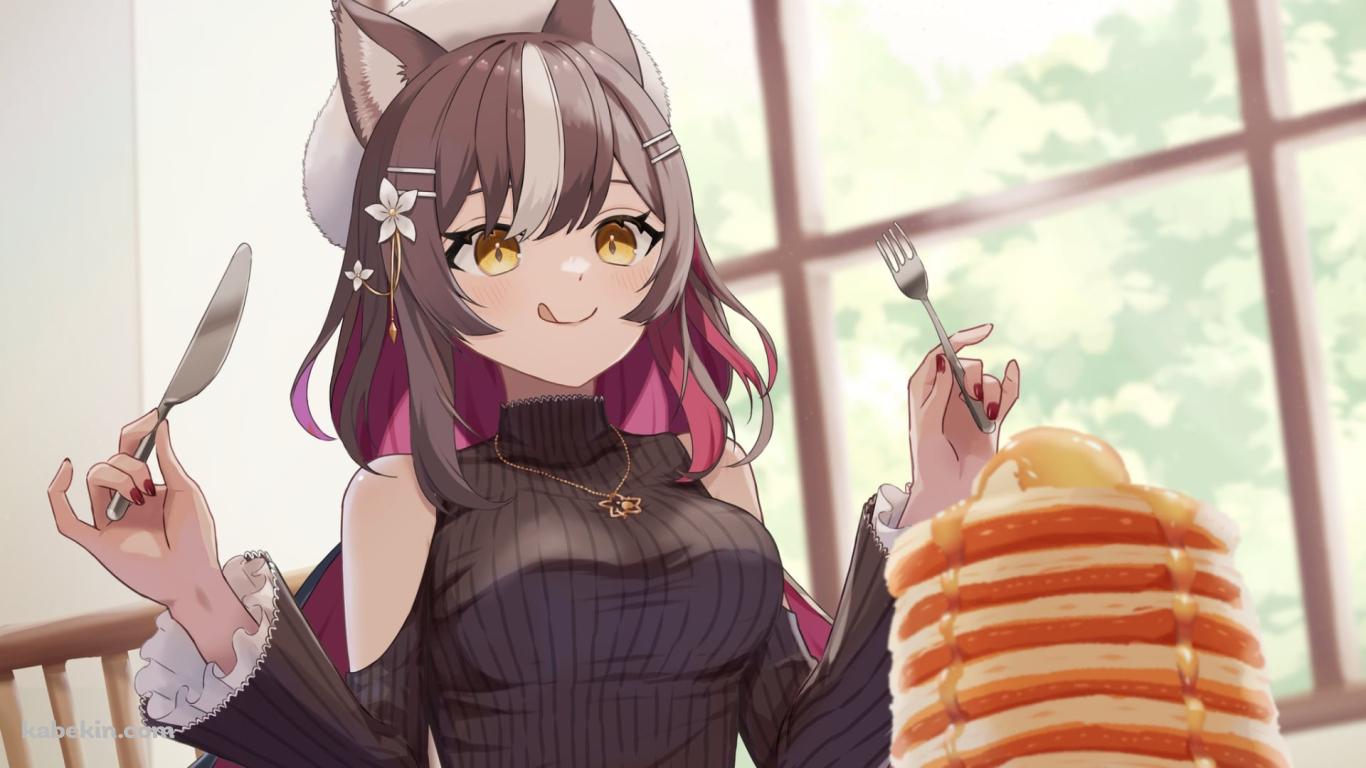 パンケーキを前に舌を出してフォークとナイフを持つ可愛い千坂アイリ / バーチャルYouTuberの壁紙(1366px x 768px) 高画質 PC・デスクトップ用
