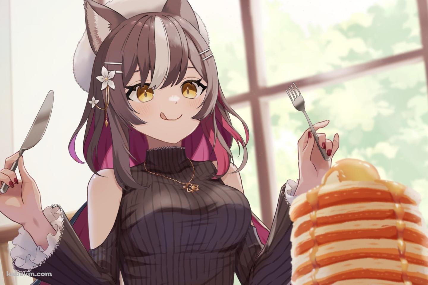 パンケーキを前に舌を出してフォークとナイフを持つ可愛い千坂アイリ / バーチャルYouTuberの壁紙(1440px x 960px) 高画質 PC・デスクトップ用