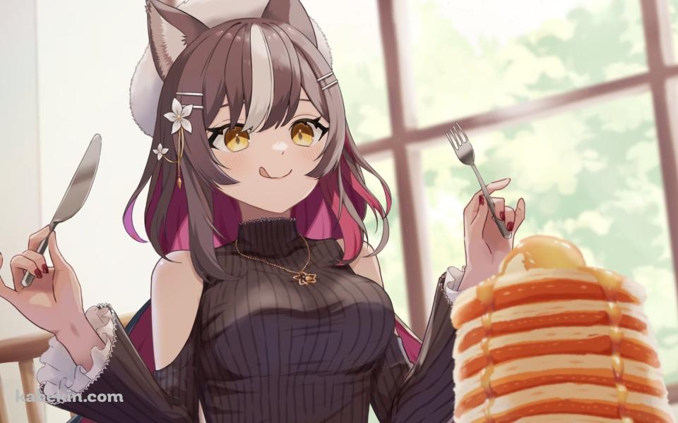 パンケーキを前に舌を出してフォークとナイフを持つ可愛い千坂アイリ / バーチャルYouTuberの壁紙(960px x 600px) 高画質 PC・デスクトップ用