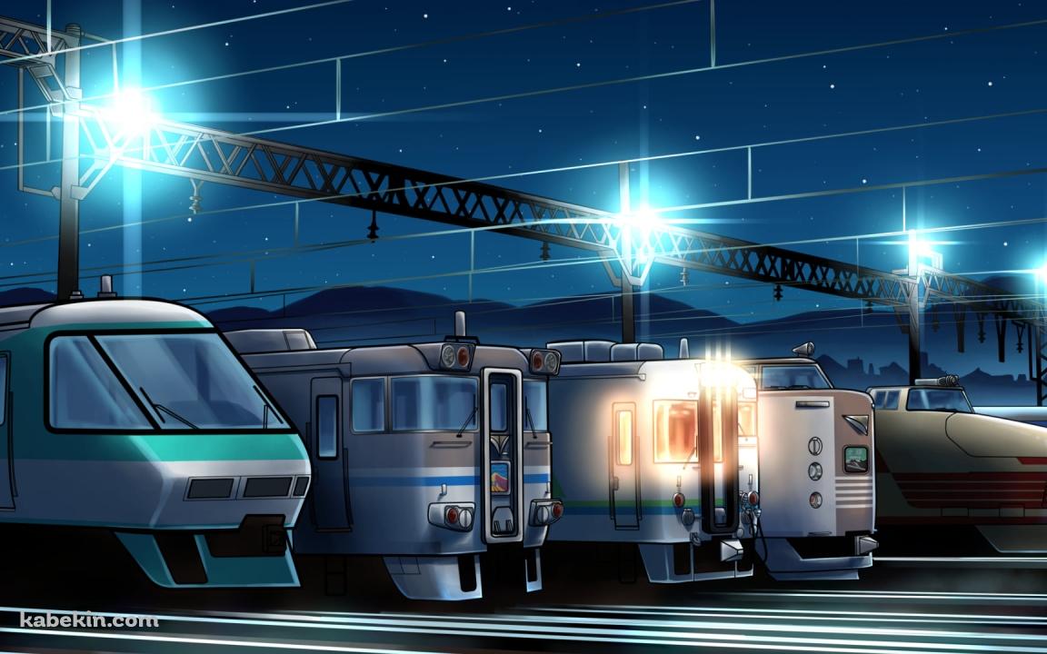 車両基地に並んで停車する電車 / 夜の壁紙(1152px x 720px) 高画質 PC・デスクトップ用