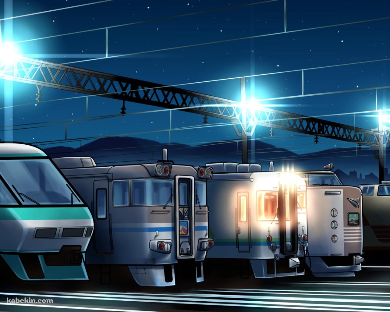 車両基地に並んで停車する電車 / 夜の壁紙(1280px x 1024px) 高画質 PC・デスクトップ用