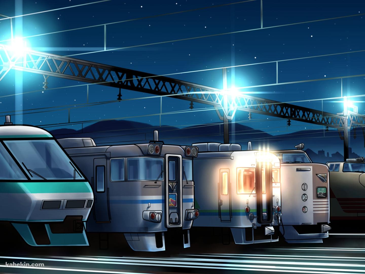 車両基地に並んで停車する電車 / 夜の壁紙(1440px x 1080px) 高画質 PC・デスクトップ用