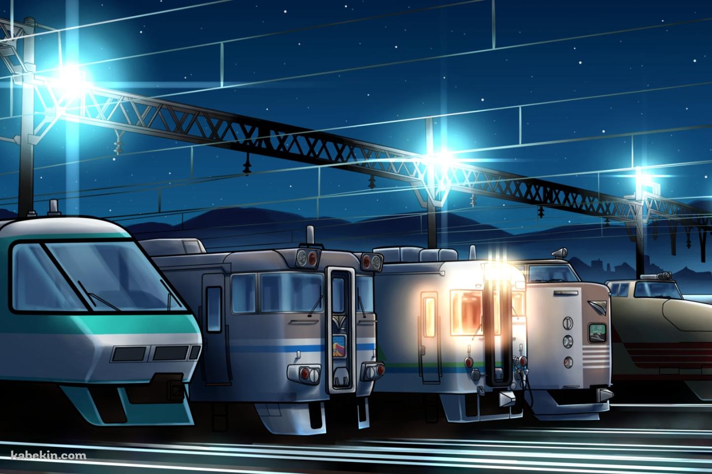 車両基地に並んで停車する電車 / 夜の壁紙(1440px x 960px) 高画質 PC・デスクトップ用