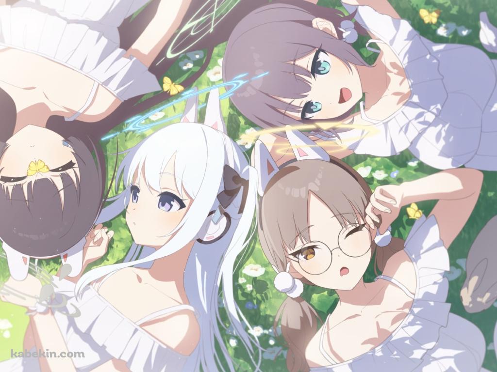 草原で寝転ぶ霞沢ミユ / 月雪ミヤコ / 空井サキ / 風倉モエ / ブルアカ / ブルーアーカイブの壁紙(1024px x 768px) 高画質 PC・デスクトップ用