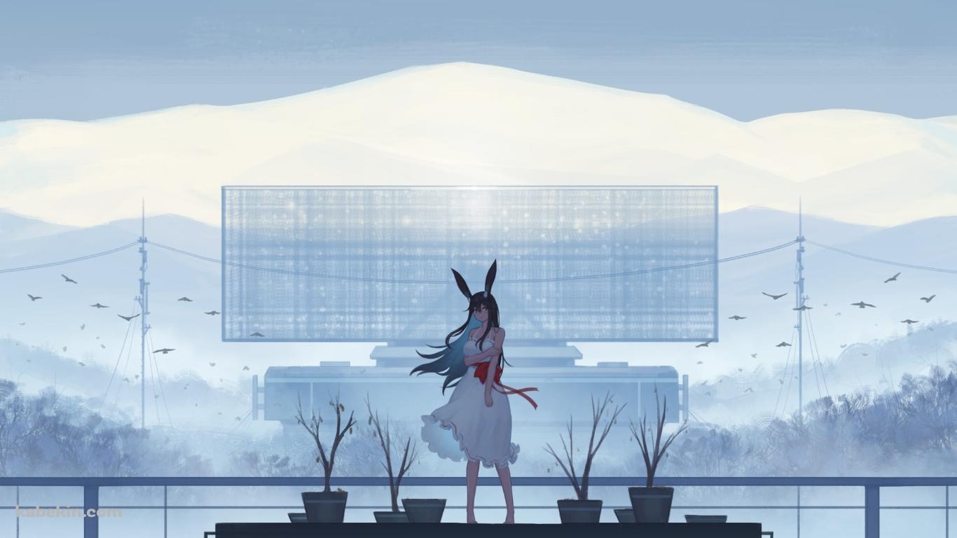 枯れ木と兎耳の少女 / 鳥の群れの壁紙(1366px x 768px) 高画質 PC・デスクトップ用