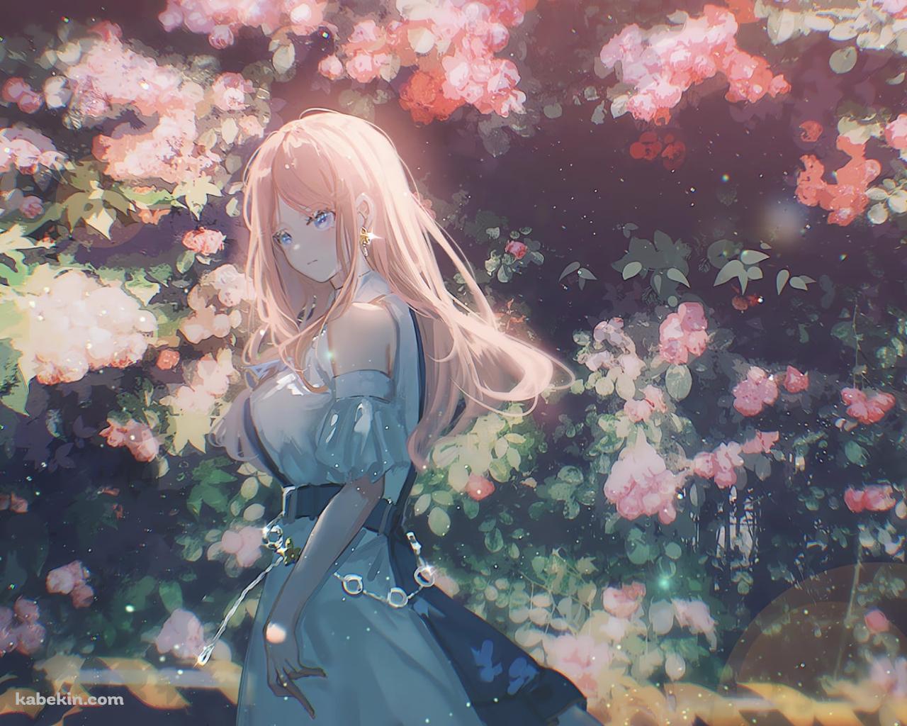 ピンクの花とこちらを見つめる長崎そよ / バンドリ!の壁紙(1280px x 1024px) 高画質 PC・デスクトップ用