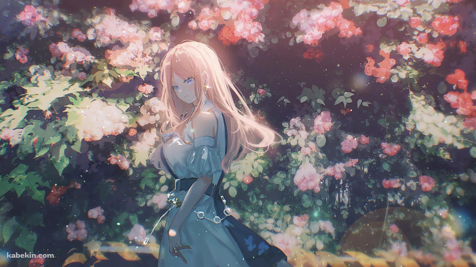 ピンクの花とこちらを見つめる長崎そよ / バンドリ!の壁紙(1536px x 864px) 高画質 PC・デスクトップ用