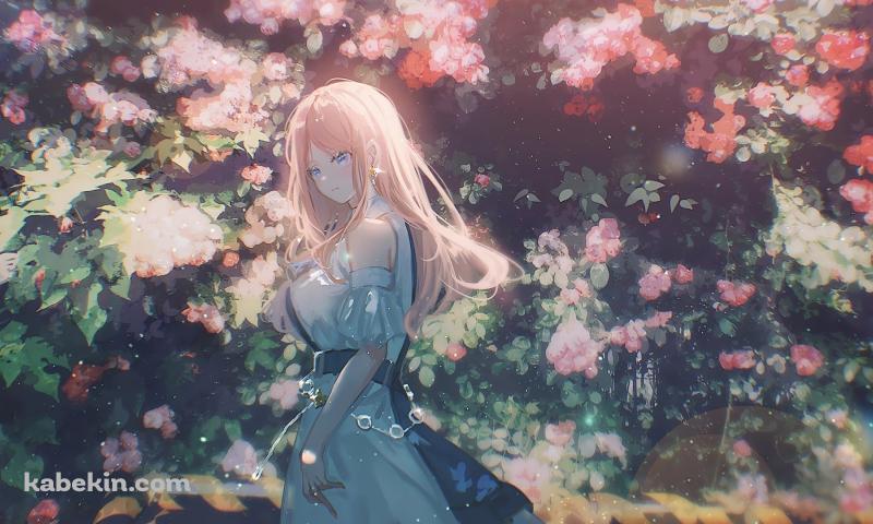 ピンクの花とこちらを見つめる長崎そよ / バンドリ!の壁紙(800px x 480px) 高画質 PC・デスクトップ用