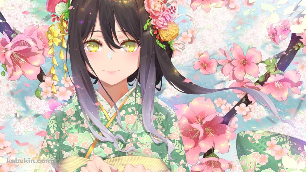緑の着物を着た可愛いシオリ / ピンクの花びら / プリンセスコネクト!の壁紙(1024px x 576px) 高画質 PC・デスクトップ用